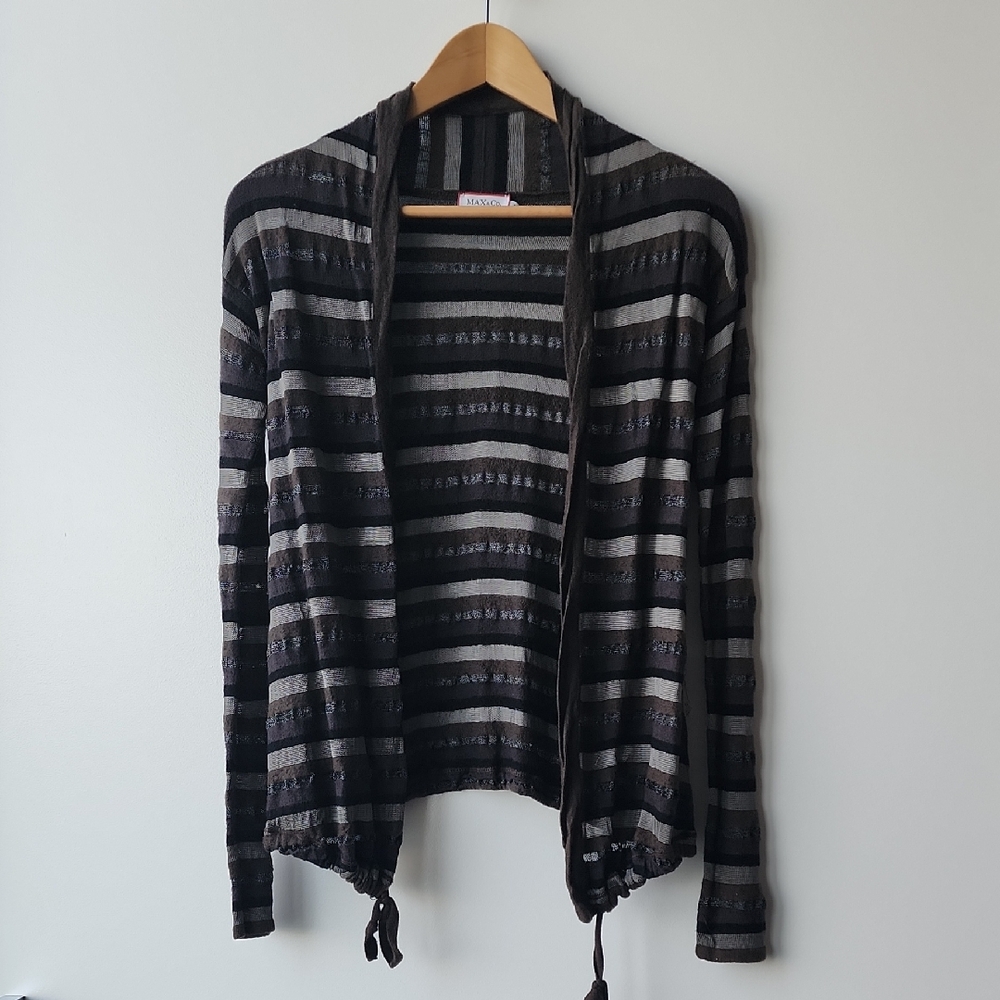 Max & Co Metallic Stripe Fine Knit Wool Blend Open Cardigan